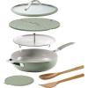 imageTramontina Vue AllinOne Plus Pan Set 5Quart Ceramic Non Stick Cooking Pan with Glass Lid Steamer Insert Beechwood Utensils Splatter Screen Pot Holder GreenGreen
