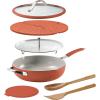 imageTramontina Vue AllinOne Plus Pan Set 5Quart Ceramic Non Stick Cooking Pan with Glass Lid Steamer Insert Beechwood Utensils Splatter Screen Pot Holder GreenTerracotta