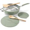 imageTramontina Vue AllinOne Plus Pan Set 5Quart Ceramic Non Stick Cooking Pan with Glass Lid Steamer Insert Beechwood Utensils Splatter Screen Pot Holder GreenGreen