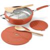 imageTramontina Vue AllinOne Plus Pan Set 5Quart Ceramic Non Stick Cooking Pan with Glass Lid Steamer Insert Beechwood Utensils Splatter Screen Pot Holder GreenTerracotta