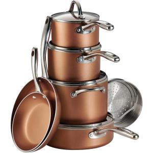 imageTramontina 11Piece Non Stick Cookware Set with Glass Lids HeavyGauge Aluminum Nonstick Pots and Pans Kitchen Set Metallic CopperCopper