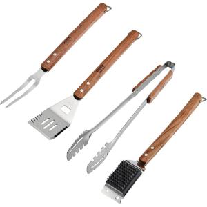 imageTramontina Barbecue Tool Set 4Piece Churrasco Line  Spatula Tongs Grill Brush Carving Fork  Stainless Steel ampamp Wood Handle  Gas Charcoal Electric Grills