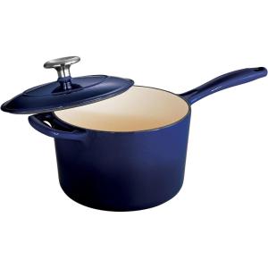 imageTramontina Bestow Enameled Cast Iron Sauce Pan with Lid 25quart Latte with Gold KnobBlue