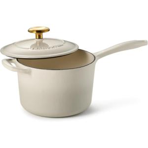 imageTramontina Bestow Enameled Cast Iron Sauce Pan with Lid 25quart Latte with Gold KnobLatte
