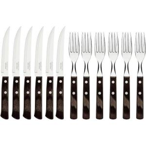 imageTramontina Cutlery Set with Steak Knives 12 Piece Sharp Knife and Fork Set with Wooden Handles Camping Kitchen Rustic Dishwasher Safe 29899199Brown