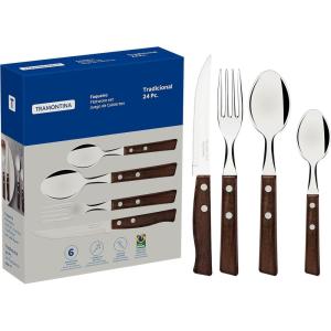 imageTramontina Cutlery Set with Steak Knives 24 Piece Sharp Knife Forks Teaspoons Tablespoons with Wooden Handles Camping Kitchen Rustic 22299050