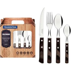 imageTramontina Cutlery Set with Steak Knives 24 Piece Sharp Knife Forks Teaspoons Tablespoons with Wooden Handles Camping Kitchen Rustic Dishwasher Safe 21199905