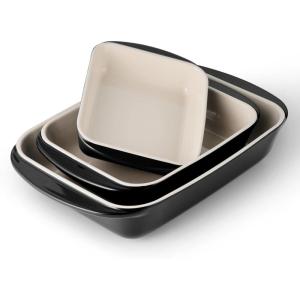 imageTramontina Mae 3Piece Ceramic Porcelain Baking Pans Set Non Stick Casserole Dishes for Oven Rectangular Bakeware for Lasagna Cakes and Loafs CactusBlack
