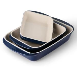 imageTramontina Mae 3Piece Ceramic Porcelain Baking Pans Set Non Stick Casserole Dishes for Oven Rectangular Bakeware for Lasagna Cakes and Loafs CactusCobalt