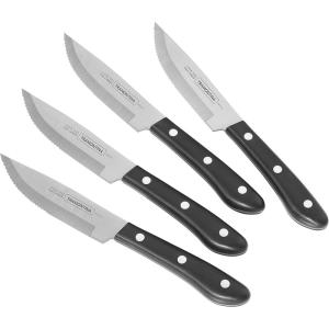 imageTramontina Porterhouse 4Piece Steak Knives 5Inch Stainless Steel HighCarbon Serrated Blade Kitchen Knife Set with Hardwood Block FullTang DishwasherSafe4Piece
