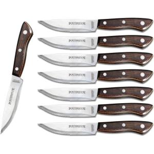 imageTramontina Porterhouse 8Piece Steak Knives 5Inch Stainless Steel HighCarbon Serrated Blade Kitchen Knife Set with Polywood Handle FullTang DishwasherSafe