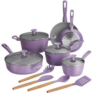 imageTramontina Solara 14Piece Ceramic Non Stick Cookware Set with Lids HeavyGauge Aluminum Pots and Pans Kitchen Set with Nonstick Coating Dishwasher and Oven Safe PurplePurple