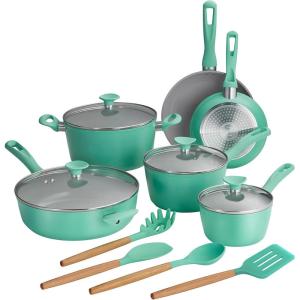 imageTramontina Solara 14Piece Ceramic Non Stick Cookware Set with Lids HeavyGauge Aluminum Pots and Pans Kitchen Set with Nonstick Coating Dishwasher and Oven Safe PurpleTeal