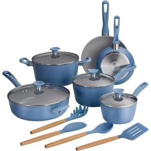 imageTramontina Solara 14Piece Ceramic Non Stick Cookware Set with Lids HeavyGauge Aluminum Pots and Pans Kitchen Set with Nonstick Coating Dishwasher and Oven Safe PurpleBlue