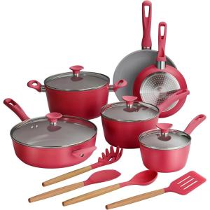 imageTramontina Solara 14Piece Ceramic Non Stick Cookware Set with Lids HeavyGauge Aluminum Pots and Pans Kitchen Set with Nonstick Coating Dishwasher and Oven Safe PurpleRed