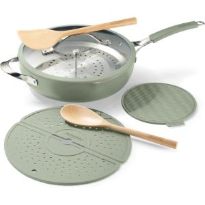 imageTramontina Vue AllinOne Plus Pan Set 5Quart Ceramic Non Stick Cooking Pan with Glass Lid Steamer Insert Beechwood Utensils Splatter Screen Pot Holder GreenGreen