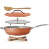 imageTramontina AllinOne Plus Pan Set 5Quart Ceramic Non Stick Cooking Pan with Lid Steamer Insert Bamboo Utensil and Trivet WhiteOrange