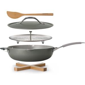 imageTramontina AllinOne Plus Pan Set 5Quart Ceramic Non Stick Cooking Pan with Lid Steamer Insert Bamboo Utensil and Trivet WhiteGray