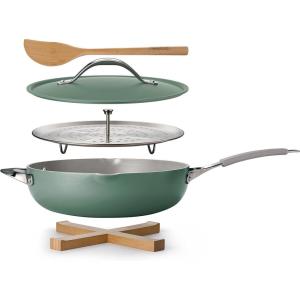 imageTramontina AllinOne Plus Pan Set 5Quart Ceramic Non Stick Cooking Pan with Lid Steamer Insert Bamboo Utensil and Trivet WhiteGreen