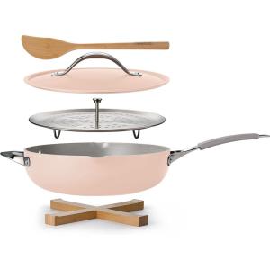 imageTramontina AllinOne Plus Pan Set 5Quart Ceramic Non Stick Cooking Pan with Lid Steamer Insert Bamboo Utensil and Trivet WhitePink