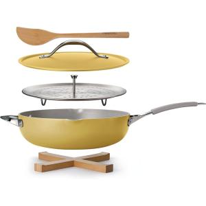 imageTramontina AllinOne Plus Pan Set 5Quart Ceramic Non Stick Cooking Pan with Lid Steamer Insert Bamboo Utensil and Trivet WhiteYellow