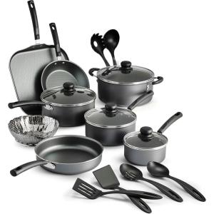 image18 Piece Nonstick Cookware Set  Gray  Aluminum Construction Dishwasher Safe Compatible with Gas Electric Ceramic Cooktops  Includes Saut Pans Griddle Dutch Oven Cooking Utensils