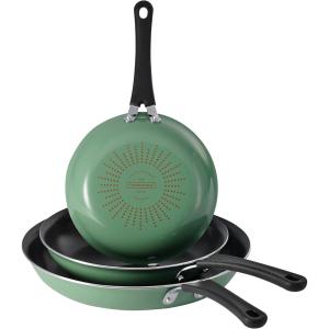 imageTramontina Porcelain Enamel Non Stick 3Pack Frying Pans Skillet Set with Reinforced Nonstick Coating Dishwasher and Oven Safe TealSage