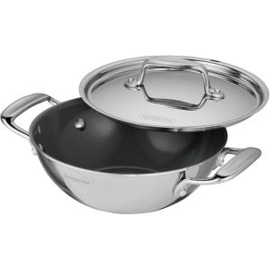 imageTramontina Utsava TriPly Clad Stainless Steel 4Quart Kadai with Lid and Ceramic Non Stick Interior InductionReady Large Kadhai Pot for Indian CookingSilver